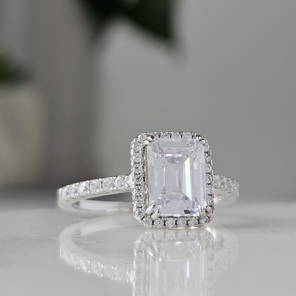 Emerald Cut Halo gemstone ring, 925 Sterling Silver - Picture 6 of 9